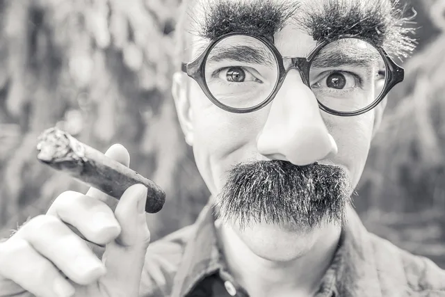 cigar, smoking cigar, cigarette, smoking, man, male, black and white, funny, mask, mustache, moustache, walrus mustache, eyebrows, face, content, guy, hair, glasses, eyes, nose, people, gray funny, gray eye, gray smoke, gray glass, gray hair, gray glasses, smoking, funny, funny, funny, funny, funny, mask, nose, nose. Why humorous quotes lose their authors