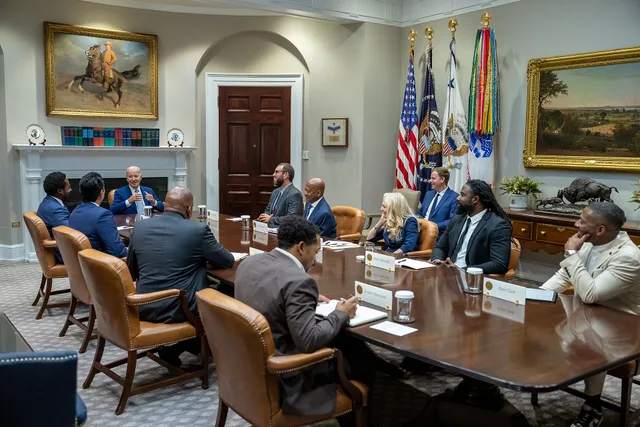 President Joe Biden drops by a meeting with former college football players for a discussion on college athletes’ rights, Wednesday, November 8, 2023, in the Roosevelt Room of the White House. (Official White House Photo by Adam Schultz). How short leadership quotes become rules