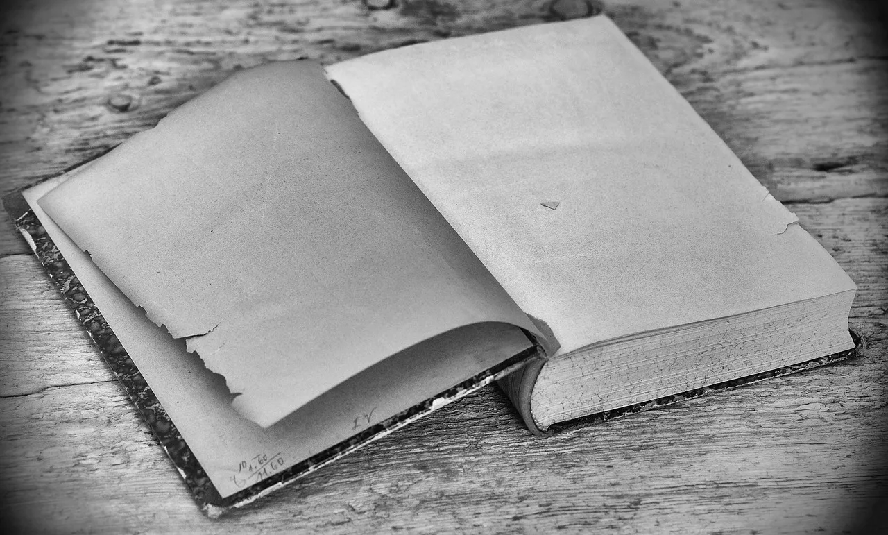 a book, old, empty pages, book pages, wood, wooden table, antique, black and white recording, a book, a book, a book, a book, a book. Framing short quotes by era: what decays, based on documented cases