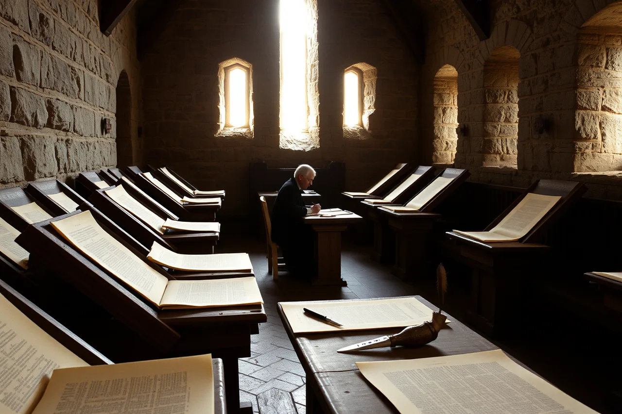 Monastic copying room with scribes transcribing manuscripts by hand at slanted desks (How to approach best quotes by era: print, set against what this changes about your search)