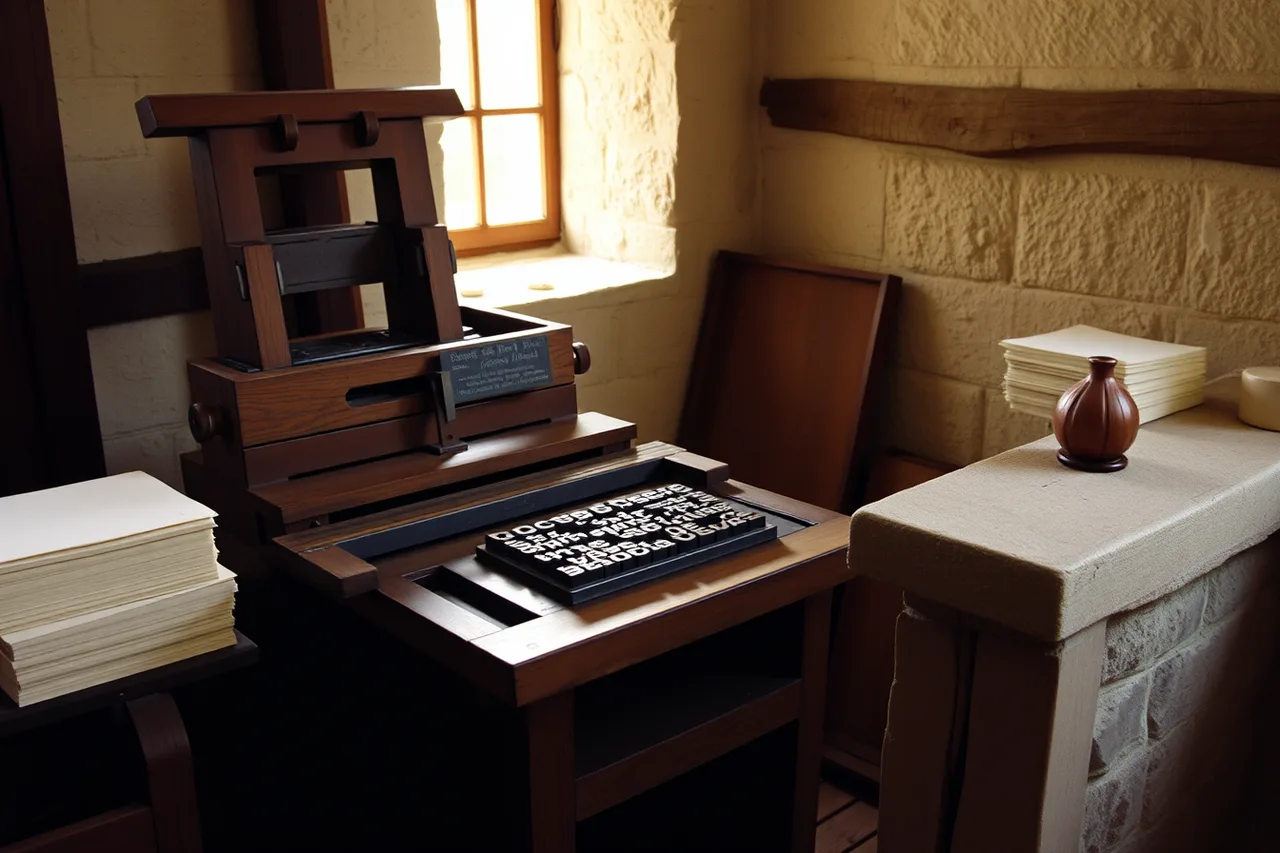 Fifteenth-century wooden printing press with locked type forme and printed folio sheets (How to approach best quotes by era: print, set against what this changes about your search)